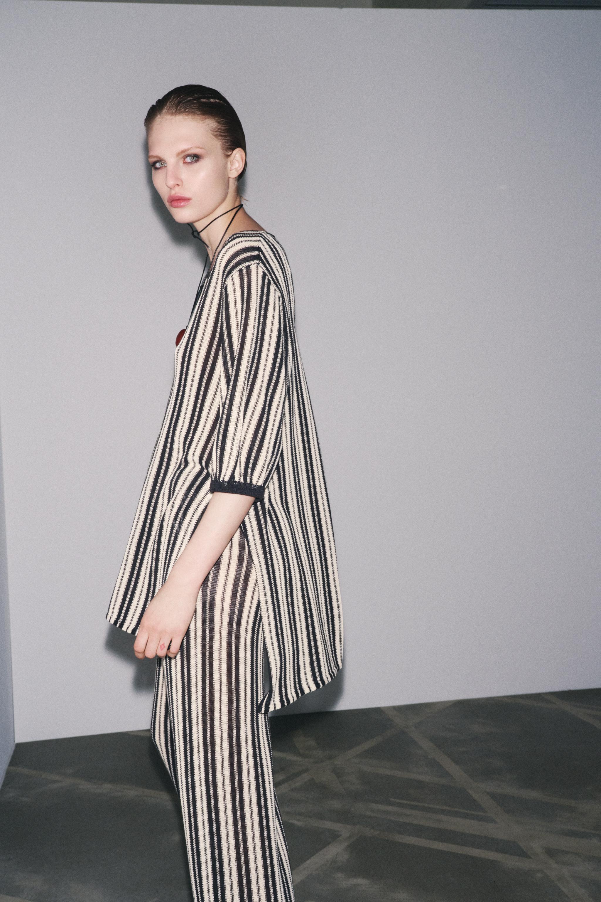 SHORT SLEEVE STRIPED KNIT JUMPER WITH LINEN